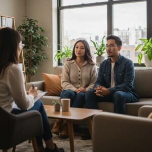 Couple engaged in therapy session in a cozy office setting, emphasizing support and connection