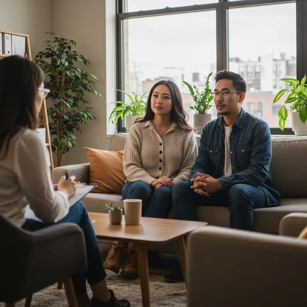 Couple engaged in therapy session in a cozy office setting, emphasizing support and connection