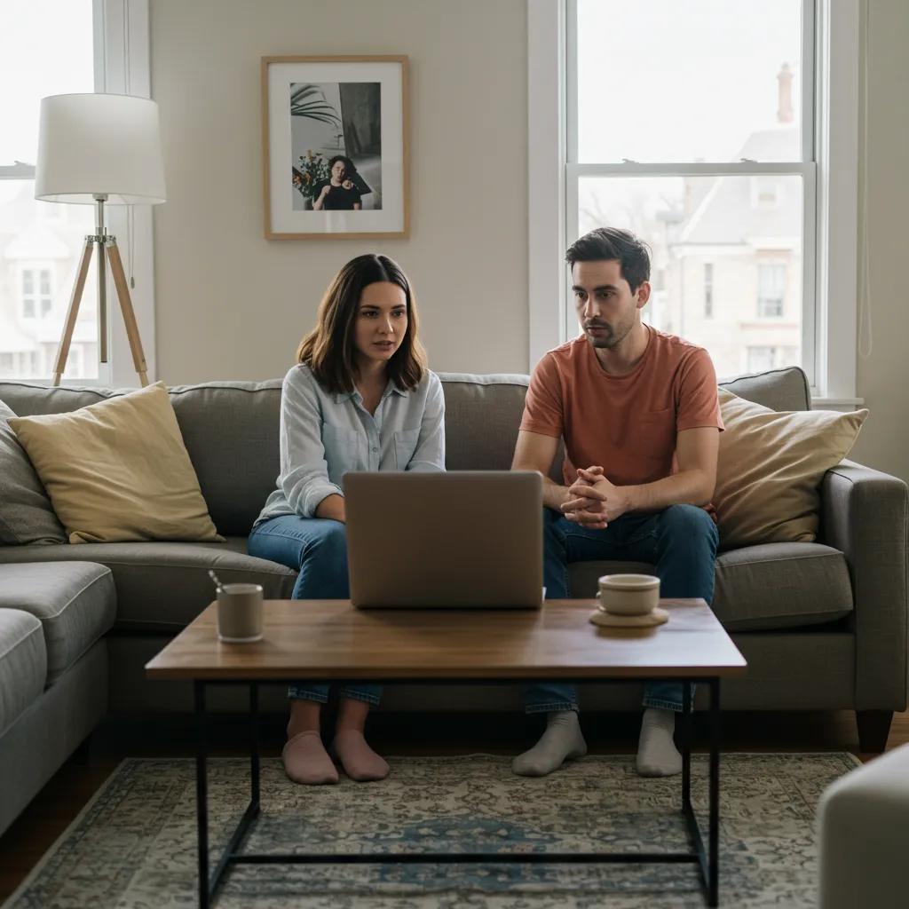 Couple participating in a virtual therapy session at home, illustrating the convenience of telehealth for couples therapy