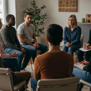 Group therapy session showcasing diverse individuals in a supportive environment