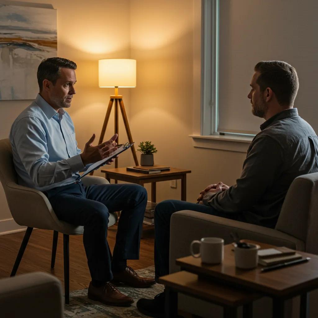 Male therapist and client in a supportive therapy session, emphasizing men's mental health challenges