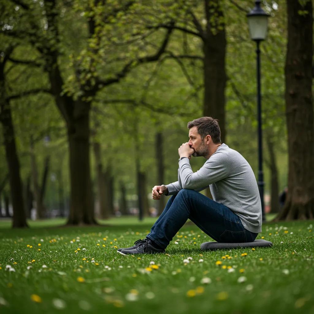 Man reflecting in a park, illustrating the impact of emotional suppression on mental health. Learn What Are Mens Issues In Therapy, including struggles with identity, emotions, relationships, and mental health challenges men often face.