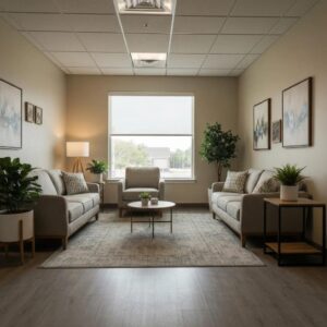 Therapy room designed for Intensive Outpatient Programs, featuring comfortable seating and calming decor