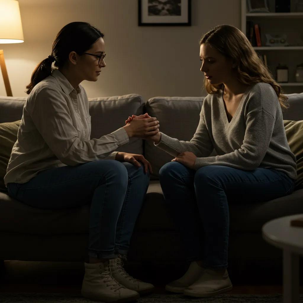 Friends sharing a supportive conversation in a cozy living room