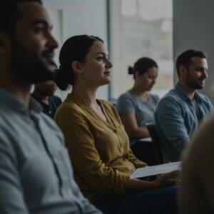 Supportive recovery meeting with diverse individuals expressing hope and connection