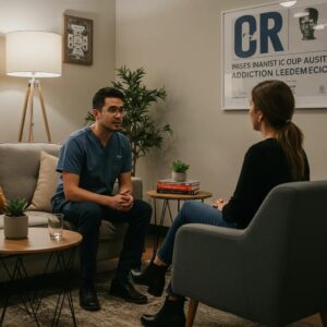 Addiction counselor engaging with a client in a supportive office environment