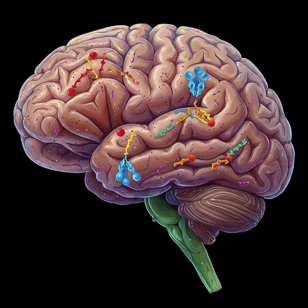 Artistic visualization of the brain highlighting serotonin receptors and LSD interaction