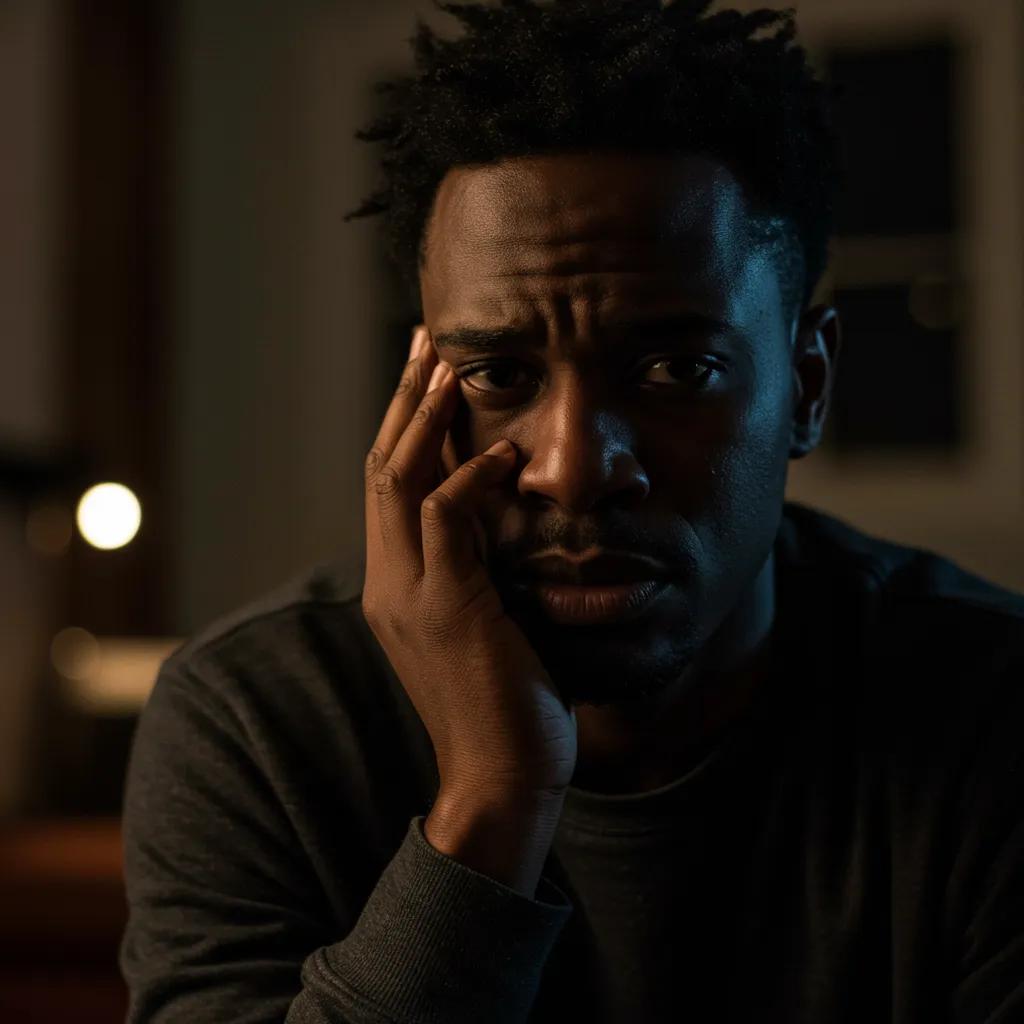Close-up of a distressed individual reflecting on cocaine addiction, emphasizing the emotional impact and urgency for treatment