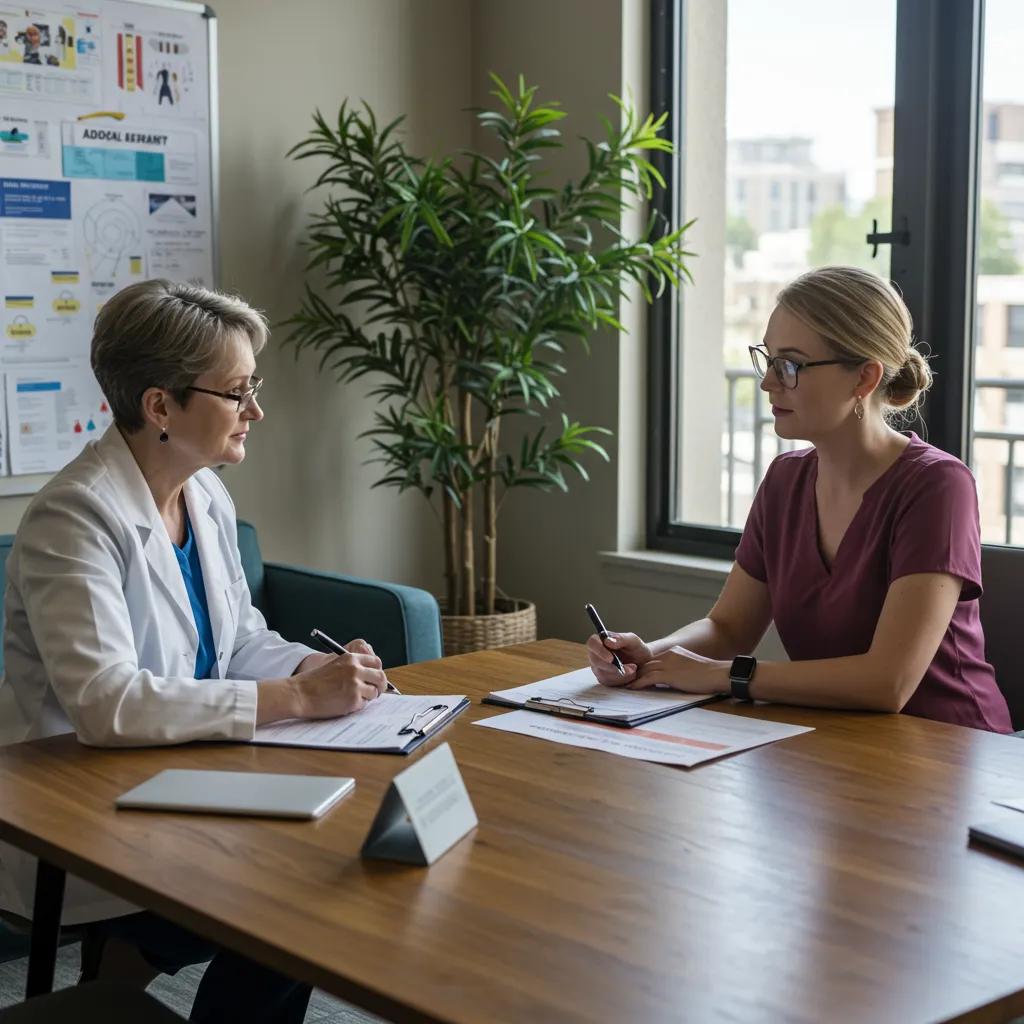 Collaborative meeting between a psychiatrist and addiction counselor discussing integrated care for co-occurring disorders