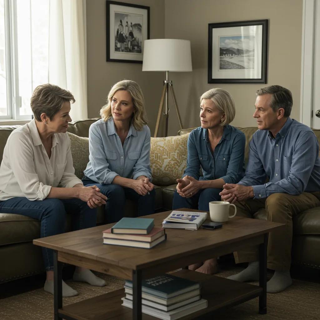 Family support discussion in a cozy living room, emphasizing the importance of a strong support system in recovery