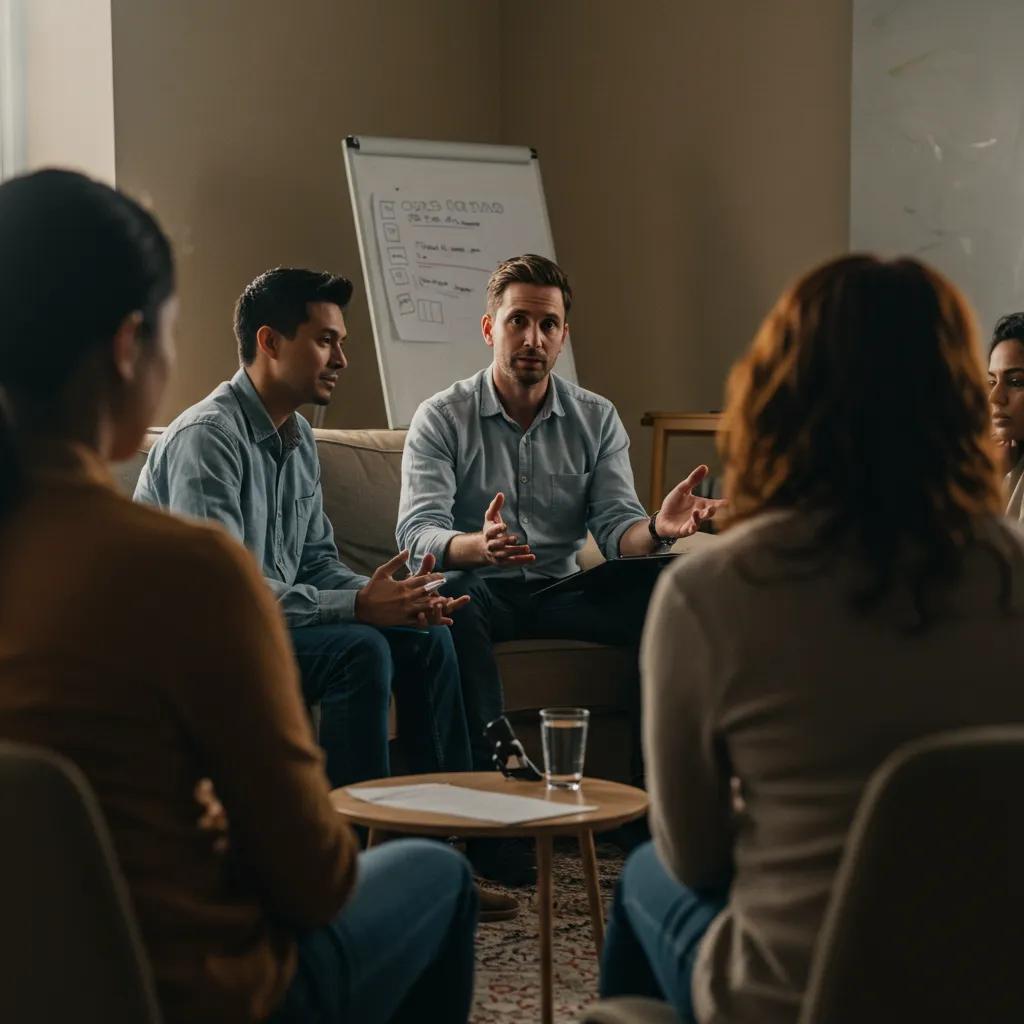 Group therapy session led by an addiction counselor, fostering community support