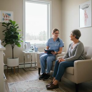 Healthcare professional discussing opioid addiction treatment options with a patient in a supportive environment