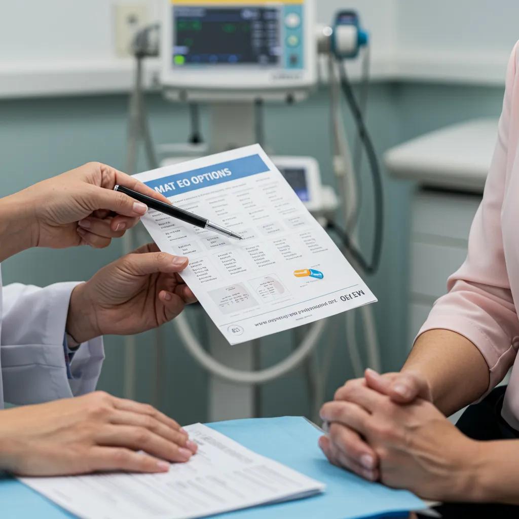 Healthcare professional explaining medication-assisted treatment options to a patient in a clinical setting