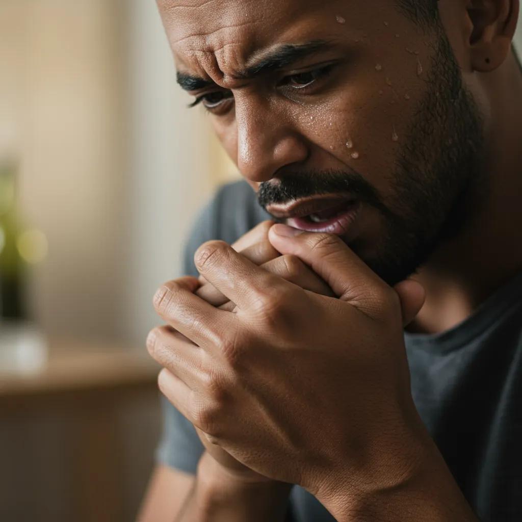 Individual showing physical symptoms of alcohol withdrawal, highlighting discomfort and anxiety