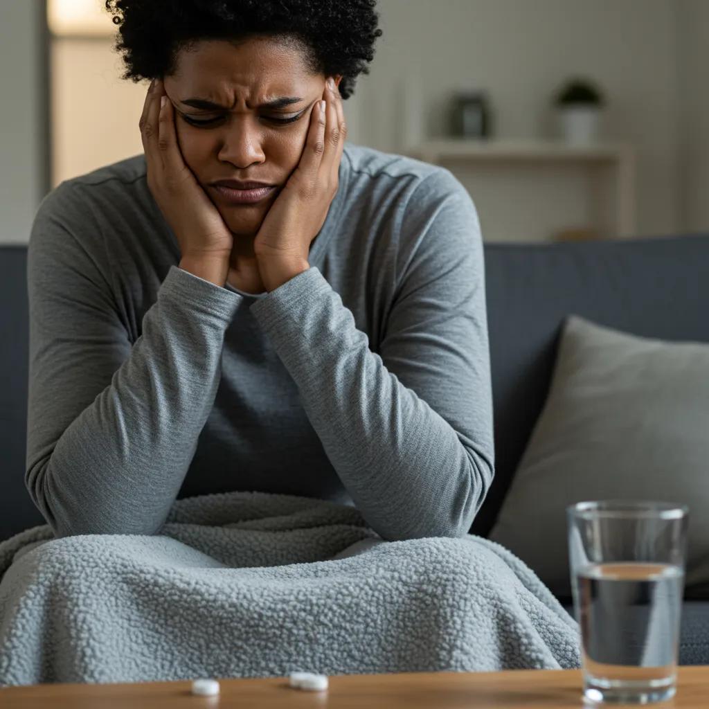 Person experiencing discomfort during opioid withdrawal in a home setting, emphasizing the need for support