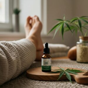 Relaxing lifestyle scene with CBD oil, plants, and a calming atmosphere