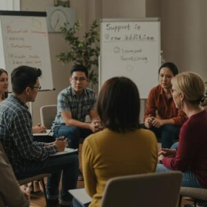 Support group session for alcohol addiction recovery, showcasing empathy and community