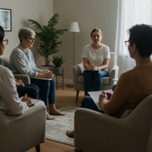 Supportive group therapy session for addiction recovery, highlighting community and healing