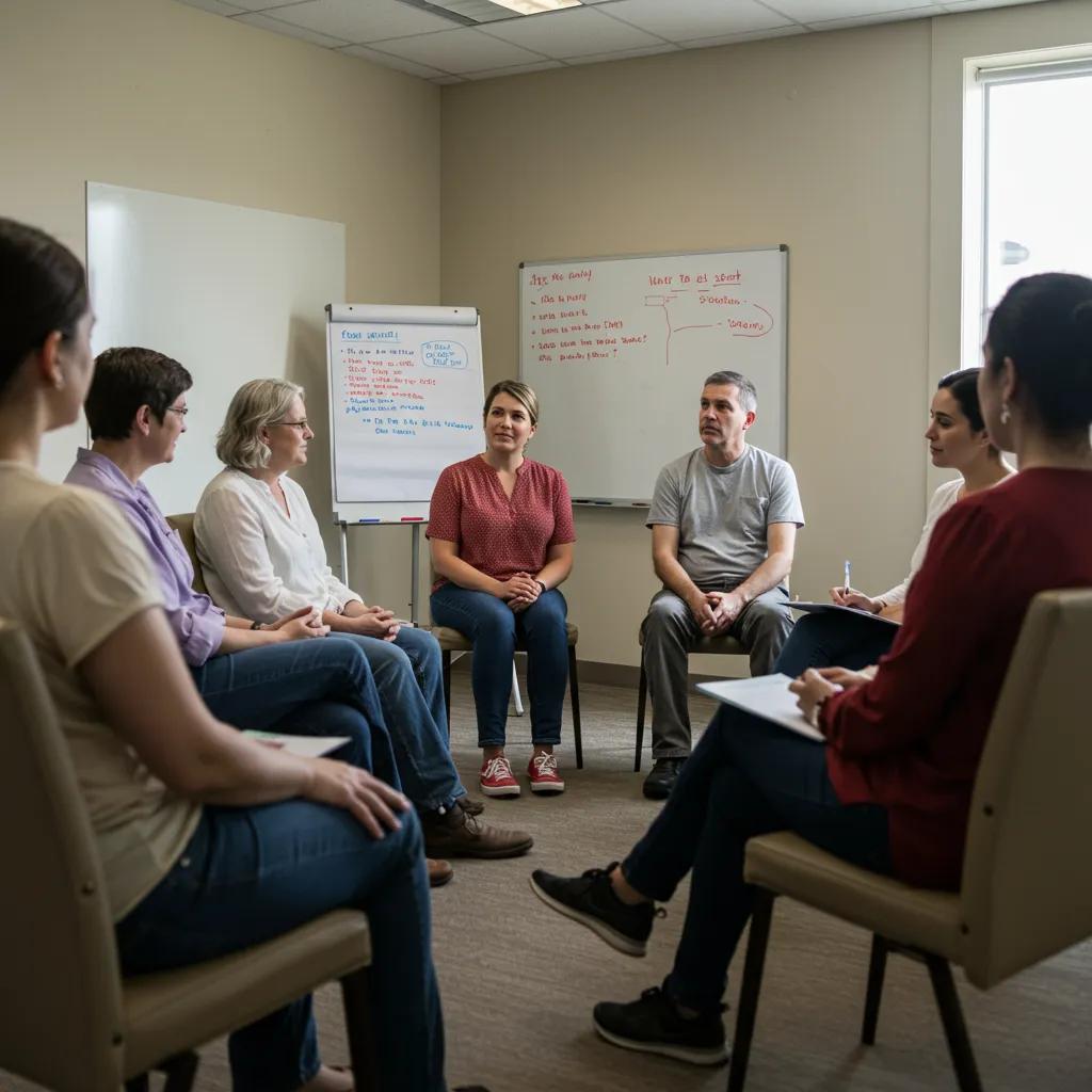 Supportive group therapy session for medication-assisted treatment in a warm healthcare environment